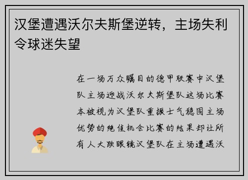 汉堡遭遇沃尔夫斯堡逆转，主场失利令球迷失望